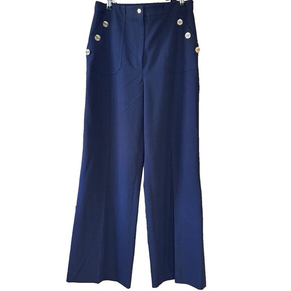 Tommy Hilfiger Navy High Waisted Brass Button Wide Leg Sailor Pants Size 12 - Picture 1 of 13